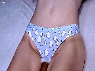 teasing my cute stepsister with a dildo after she sees my cumshot, she really wants me