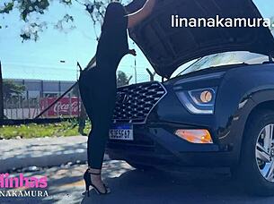 lina nakamura fucks in the street with mechanic john coffee's bbc. no condom blowjob and big tits!