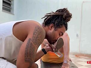 Morena uses her feet for a handjob and gets covered in cum.