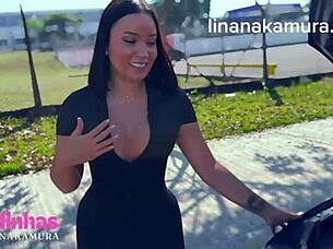 lina nakamura fucks in the street with mechanic john coffee's bbc. no condom blowjob and big tits!