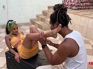 Morena uses her feet for a handjob and gets covered in cum.