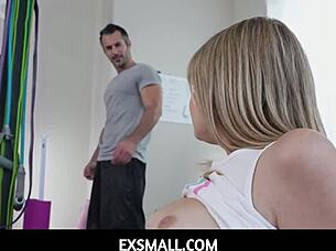 Tiny Coco Lovelock gives a sloppy blowjob to a big stud during workout