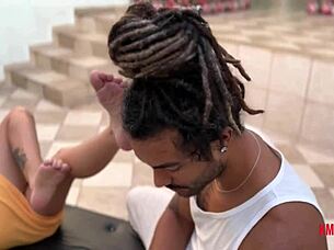 Morena uses her feet for a handjob and gets covered in cum.