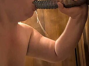 Blindfolded BBW Chokes On Monster Dildo