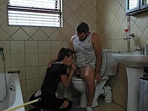 Petite Slut's Humiliating Toilet Cock Sucking