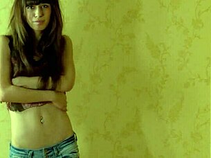 horny young brunette massages shaved pussy!