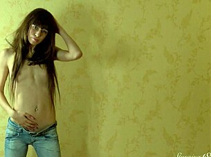 horny young brunette massages shaved pussy!