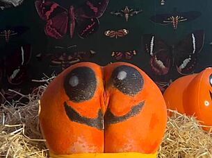 Teen whore gets double creampie in pumpkin patch!