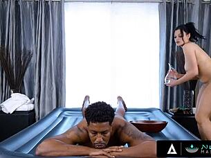 Mona Azar Deepthroats Huge Black Cock During Nuru Massage!