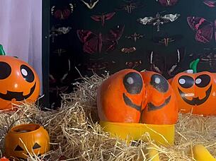 Teen whore gets double creampie in pumpkin patch!