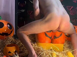 Teen whore gets double creampie in pumpkin patch!