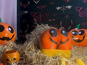 Teen whore gets double creampie in pumpkin patch!