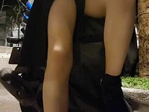 shemale ting xuan walks the street in underwear under her coat