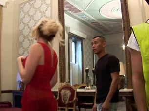 Busty Blonde Milf Sucks Two Cocks. Double Penetration on Sofa