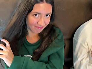 BRUNETTE WITH SMALL 18+ TITS KNEELING AND MASTURBATING