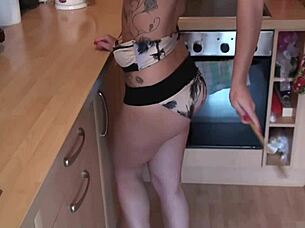 Pretty Brunette Masturbates Naked In Kitchen While Cooking