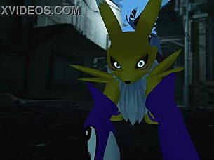 Renamon takes a wild ride in a public outdoor scene.