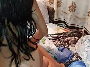 hot brunette rubs her pussy on my ass and cums in this lesbian illusion girls video