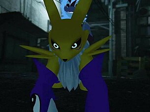 Renamon takes a wild ride in a public outdoor scene.