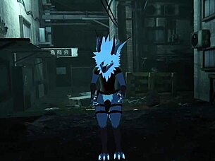 Renamon takes a wild ride in a public outdoor scene.