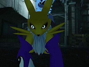 Renamon takes a wild ride in a public outdoor scene.