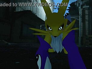 Renamon takes a wild ride in a public outdoor scene.