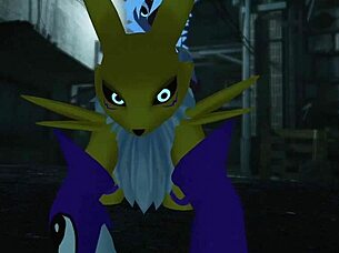 Renamon takes a wild ride in a public outdoor scene.
