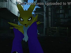 Renamon takes a wild ride in a public outdoor scene.