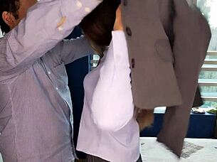 Tailor measures my ass then dives into my vagina for creampie