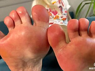 goddess teases with pink oily soles closeup
