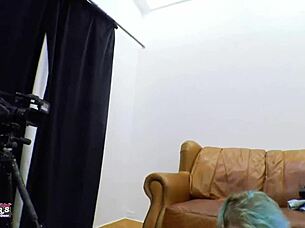 Raven, the petite coed, rubs her shaved pussy and sucks cock for jizz.