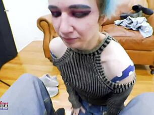 Raven, the petite coed, rubs her shaved pussy and sucks cock for jizz.