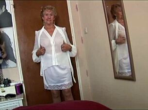 Naughty Granny Teases With See Through Top And Slip! Flashing Pussy Close Up!