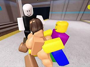This Roblox bitch is getting fucked by 3 noobs in a wild group session! 😏