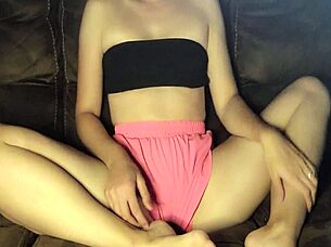 Pink Short Shorts Girl Uses Solo Dildo Intensely