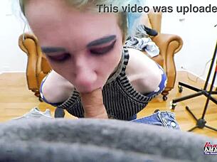 Raven, the petite coed, rubs her shaved pussy and sucks cock for jizz.