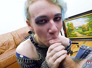 Raven, the petite coed, rubs her shaved pussy and sucks cock for jizz.