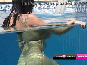 pool strip babe reveals big tits and pussy