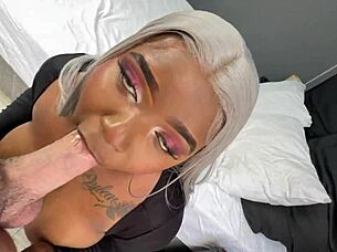 i thick busty ebony milf gaggin on white boys cock for creampie