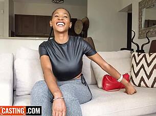 Amateur Ebony Model Tricked into Sucking White Cock on Couch