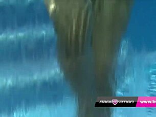 pool strip babe reveals big tits and pussy