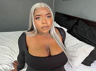 i thick busty ebony milf gaggin on white boys cock for creampie