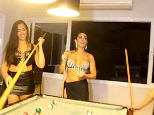 Teaching friends pool turns into fun game with lingerie and tattoos