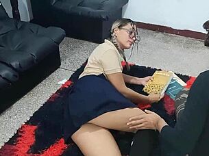 Young schoolgirl visits for study session, homemade solo