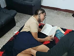 Young schoolgirl visits for study session, homemade solo