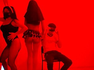 a scruffy man invites us to an exclusive catwalk to perform a dance in lingerie