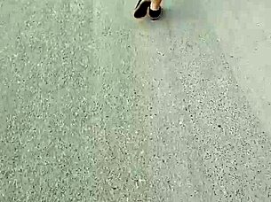 I follow and lift her skirt in the street, flashing her huge blonde ass 😏