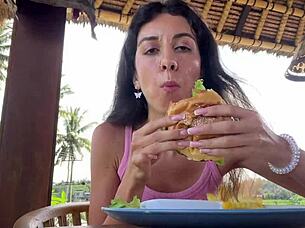 Brunette flashes small tits in public cafe and toilet