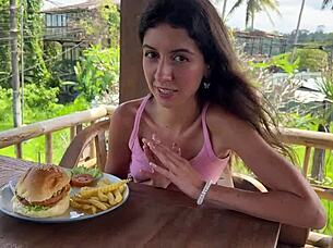 Brunette flashes small tits in public cafe and toilet