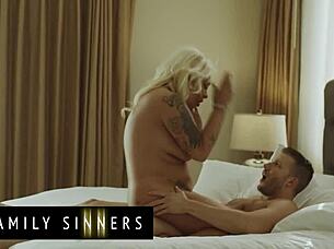 busty milf plays with pussy, waiting for daughter's husband to fuck her